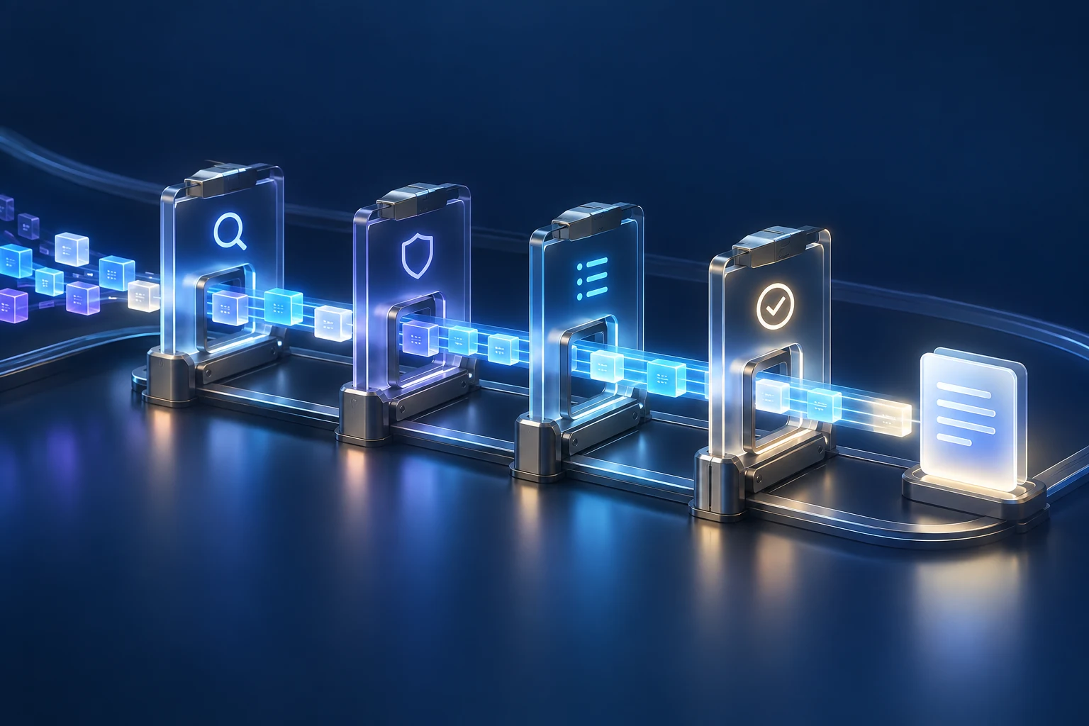A request passing through four verification gates before becoming an unsigned transaction plan